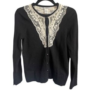 Sarah Spencer 100% Italian Merino Wool Black Cardigan with Lace